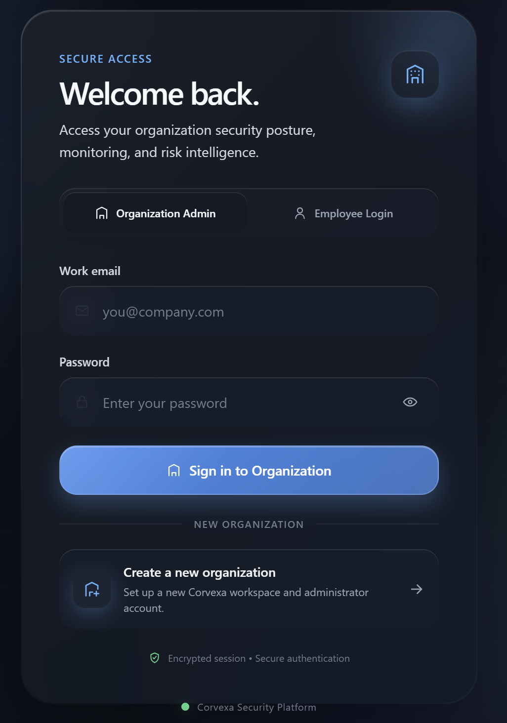 Corvexa secure access screen